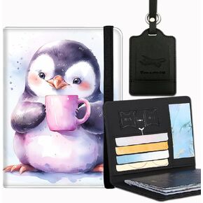 Passport Cover and Luggage Tag Set, PU Leather Passport Case Holder Travel Suitcase Tag,Travel RFID Blocking Passport Cover Passport Wallet with Elastic Band for Women Men, Watercolor Penguin Coffee