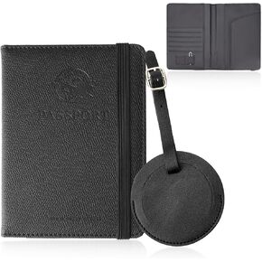 RFID Passport Holder Women Men with Luggage Tag, Passport Cover Wallet, Travel Passport Holder Family, Passport Wallets, Passport Book Card Holder with Slot, Black+Blue