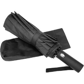 ZG,Windproof Umbrella,12 Ribs Auto Open/Close Button, parasol with storage bag，Automatic Small Compact Travel Umbrella - Black