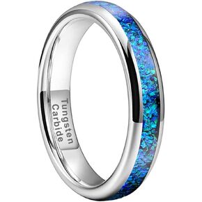 4mm Silver/Black Blue Galaxy Opal Inlay Tungsten Rings for Women Men Engagement Wedding Bands Domed Polished Shiny Comfort Fit