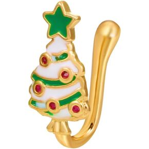 Christmas Tree U Shaped Goldtone Fake Nose Ring for Women Men Enamel Tiny Hoop Clip On Bendable Faux Septum Nose Cuff Rings Studs Xmas Party Holiday Festival No Piercing Body Jewelry