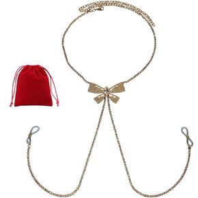 Rhinestone Bowtie Nipple Noose with Necklace Non Piercing Crystal Nipple Clip Chain Festival Rave Nipple Clamps Chest Body Jewelry (Gold)