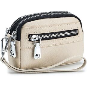 Genuine Leather Mini Wristlet Wallet for Women, 3 Zipped Coin Purse Small Pouch with Wristlet Strap (Black)