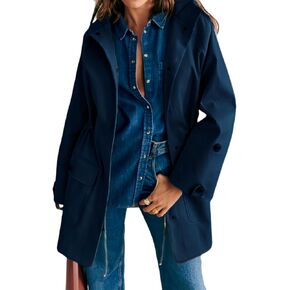Women's Trench Coat with Hood Mid Length Lightweight Waist Overcoat Windbreaker