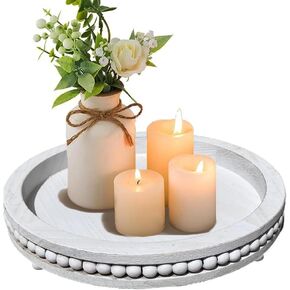 Round Wooden Beaded Tray - White Decorative Centerpiece for Coffee Table, Living Room, & Kitchen Decor