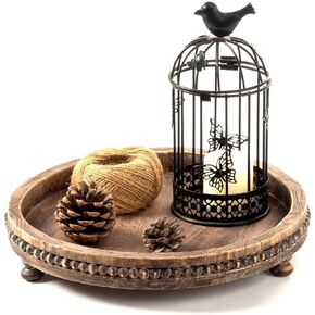 Round Wood Tray for Home Decor, Wooden Decorative Tray for Kitchen Counter Coffee Table Centerpiece Living Dining Room Entryway, 12in Round Beaded Tray for Wedding Easter Thanksgiving, Brown