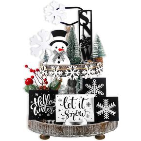 15 Pcs Winter Tiered Tray Decor Set Black and White Snowflake Table Wood Decor Snowman Wooden Sign Rustic Farmhouse Coffee Bar Signs Winter Tray Decor for Home Xmas Holiday Tabletop
