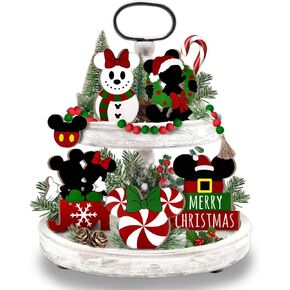 Christmas Tiered Tray Decor, Cute Snowman Tray Decorations, Candy Wooden Signs Wood Bead Garland, Farmhouse Rustic Winter Merry Xmas Decorations for Home Table Shelf Party Holiday 6PCs