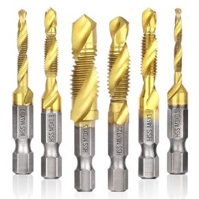 Drill Tap Set with Quick-Change Adapter of 13Pcs, 6 SAE Sizes: 6-32NC to 1/4-20NC, 6 Metric Sizes: M3 to M10, Titanium Combination Drill & Tap Bit Set for Drilling Threads, Tapping