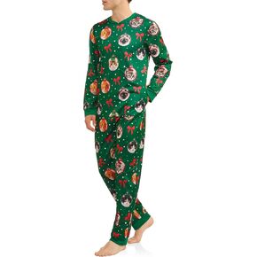 Cat Mens Lighted Ugly Christmas Sweater Minky Fleece Union Suit Pajamas
