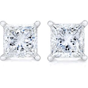 AGS Certified 14K Gold Princess-Cut Diamond 4-Prong Solitaire Square Stud Earrings (J-K Color, I1-I2 Clarity) - Choice of Carat Weight, Gold Color