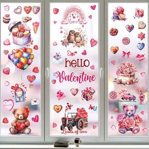 Valentine's Day Window Clings Hearts-Shape Window Decals Pink Lovely Animals Window Decor for Glass Living Room Stickers Decal Watercolor Double-Sided Heart Window clings 9PCS