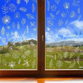 90 PCS Leaf Window Clings, Double Sided White Leaves Stickers 90 Designs Reusable Window Decals Bird Alert Static Clings for Door, Window, Glass Decoration, Prevent Bird Strikes (9 Sheets)