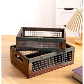 TIMRIS Set of 2 Rustic Wooden Countertop Baskets, Farmhouse Distressed Nesting Boxes, Small Decorative Wooden Storage Crates, Reclaimed Wood Organizer Baskets with Wire Mesh (Random)