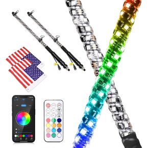 LED Whip Lights, AKD Part 2PCS 2FT UTV ATV Lighted Whips Bluetooth APP/Remote Control RGB LED Whips Antenna with Flags for UTV SXS Side by Side Truck RZR Can-Am Kawasaki Honda Yamaha Accessories