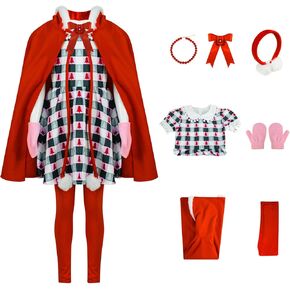 Cindy Lou Who Costume Adult Women 7 PCS Christmas Plaid Dress with Red Velvet Cape Santa Dress up