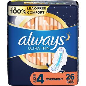 Always Ultra Thin Pads for Women, Size 4 Overnight Absorbency, Unscented with Wings, 26 Count