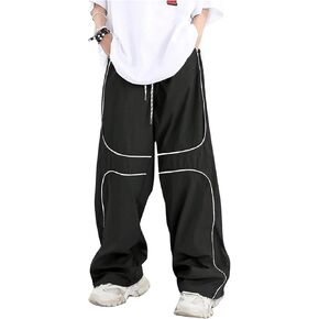 GORGLITTER Men's Baggy Track Pants Y2K Drawstring Elastic Waist Wide Leg Parachute Pants
