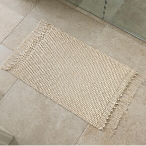 KIBAGA Beautiful Boho Bathroom Rug with Tassels - Soft 20 x 30 inch Beige Cotton Mat Fits Perfectly Into Your Bath - Washable, Non-Slip Rug Ideal to Enhance Your Modern Home Decor