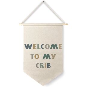 Qpenm Welcome to My Crib Hanging Pennant Flag, Boy Nursery Decor Hanging Wall Canvas Banner, Boy Nursery Wall Decor, Baby Boy Room Decorations for Nursery, Boho Nursery Posters & Prints
