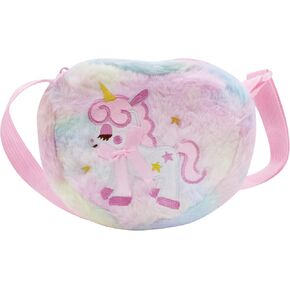 Cute Unicorn Rainbow Plush Crossbody Bag Purse Round Heart Shaped Wallet Handbag Satchel for Little Girls Kids