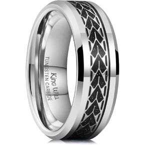 King Will Mens 8mm Silver Tungsten Carbide Wedding Ring, Heart Shaped Wheat Fringe Hollow Out Tungsten Ring with Black Sand Inlay, High Polished Mens Wedding Band Beveled Edge Comfort fit Size 7-14