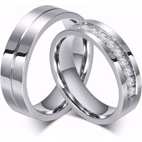 His & Hers Couple Ring Promise Ring 6MM Wide Stainless Steel Couple Wedding Engagement Bands Cubic Zirconia CZ Ring for Women Men Lovers Matching Princess Cut Bridal Jewelry Gifts US Size 5-14