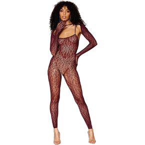 Dreamgirl Women's Leopard Fishnet Catsuit Body Stocking with Matching Shrug Set, Scoop Neckline with Shoulder Straps and Long Sleeve Shrug with Built In Finger Gloves, One Size, 1PC, Burgundy