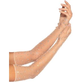 Women's Rhinestone Fishnet Gloves Mesh Long Sleeve Gloves, Nude