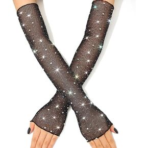 Long Lace Gloves Rhinestone Fingerless Sparkle Arm Sleeves Sheer Mesh Gloves Opera Tea Party Accessories for Women