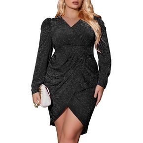 IN'VOLAND Plus Size Women's Sequin Sparkly Glitter Party Club Dress V Neck Ruched Cocktail Bodycon Dress
