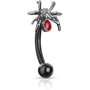 16 Gauge Crystal Set Red Spider Curved Barbell/Eyebrow Ring 316L Surgical Stainelss Steel Externally Threaded At The Ball (Choose Color)