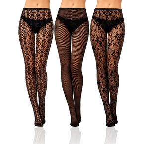 Bencailor 3 Pairs Women Fishnet Stocking Black Floral Tight Legging Tight Stockings Small Hole High Pantyhose Waist Lace
