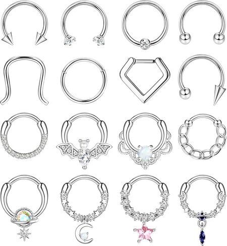 Besteel 16 قطعة من حلقات الحاجز الذهبي 16 جرام من حلقات الأنف الفولاذية الجراحية الأطواق الصغيرة تشيكوسلوفاكيا المتدلية على شكل حدوة حصان وحاجز ثقب المجوهرات اللطيفة على شكل شفاه هيليكس دايث تراغوس الغضروف أقراط للنساء والرجال 10 مم in Kuwait