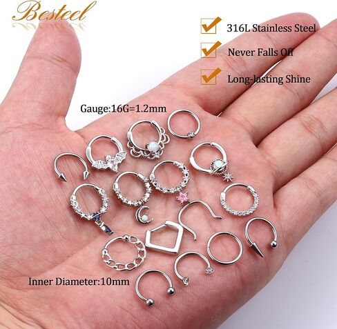 Besteel 16 قطعة من حلقات الحاجز الذهبي 16 جرام من حلقات الأنف الفولاذية الجراحية الأطواق الصغيرة تشيكوسلوفاكيا المتدلية على شكل حدوة حصان وحاجز ثقب المجوهرات اللطيفة على شكل شفاه هيليكس دايث تراغوس الغضروف أقراط للنساء والرجال 10 مم in Kuwait