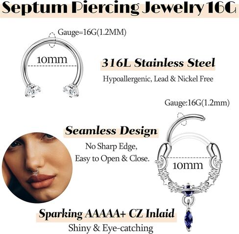 Besteel 16 قطعة من حلقات الحاجز الذهبي 16 جرام من حلقات الأنف الفولاذية الجراحية الأطواق الصغيرة تشيكوسلوفاكيا المتدلية على شكل حدوة حصان وحاجز ثقب المجوهرات اللطيفة على شكل شفاه هيليكس دايث تراغوس الغضروف أقراط للنساء والرجال 10 مم in Kuwait