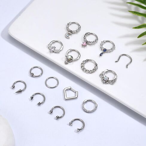 Besteel 16 قطعة من حلقات الحاجز الذهبي 16 جرام من حلقات الأنف الفولاذية الجراحية الأطواق الصغيرة تشيكوسلوفاكيا المتدلية على شكل حدوة حصان وحاجز ثقب المجوهرات اللطيفة على شكل شفاه هيليكس دايث تراغوس الغضروف أقراط للنساء والرجال 10 مم in Kuwait