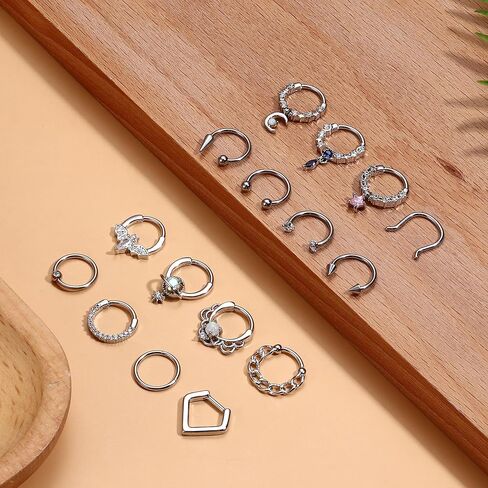 Besteel 16 قطعة من حلقات الحاجز الذهبي 16 جرام من حلقات الأنف الفولاذية الجراحية الأطواق الصغيرة تشيكوسلوفاكيا المتدلية على شكل حدوة حصان وحاجز ثقب المجوهرات اللطيفة على شكل شفاه هيليكس دايث تراغوس الغضروف أقراط للنساء والرجال 10 مم in Kuwait