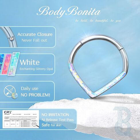 BodyBonita Opal 16G Septum Rings Teardrop - 316L Surgical Steel Hinged Nose Rings Hoops Septum Clicker Hypoallergenic Conch Helix Piercing Jewelry Daith Cartilage Earring Pink/Blue/White Opal-10 mm/8 mm Silver/Gold Plated in Kuwait