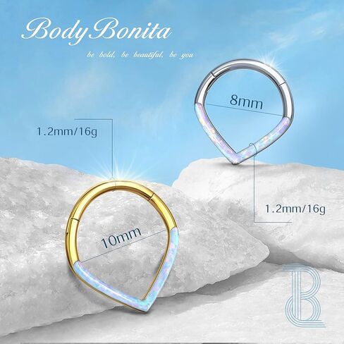 BodyBonita Opal 16G Septum Rings Teardrop - 316L Surgical Steel Hinged Nose Rings Hoops Septum Clicker Hypoallergenic Conch Helix Piercing Jewelry Daith Cartilage Earring Pink/Blue/White Opal-10 mm/8 mm Silver/Gold Plated in Kuwait