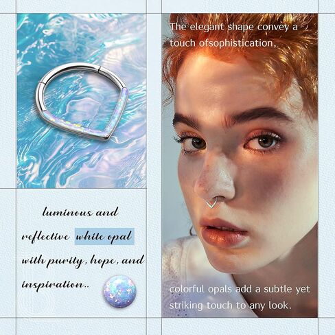 BodyBonita Opal 16G Septum Rings Teardrop - 316L Surgical Steel Hinged Nose Rings Hoops Septum Clicker Hypoallergenic Conch Helix Piercing Jewelry Daith Cartilage Earring Pink/Blue/White Opal-10 mm/8 mm Silver/Gold Plated in Kuwait