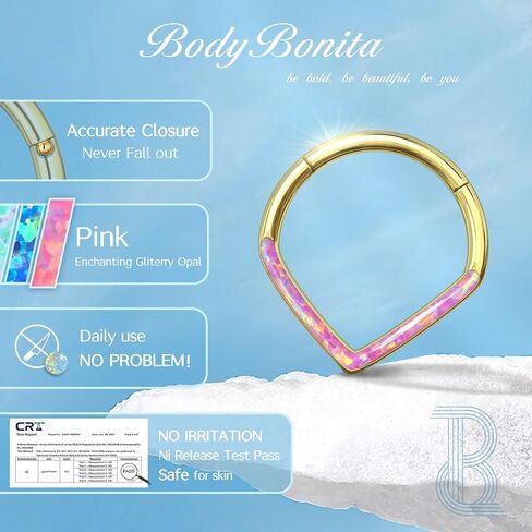 BodyBonita Opal 16G Septum Rings Teardrop - 316L Surgical Steel Hinged Nose Rings Hoops Septum Clicker Hypoallergenic Conch Helix Piercing Jewelry Daith Cartilage Earring Pink/Blue/White Opal-10 mm/8 mm Silver/Gold Plated in Saudi Arabia