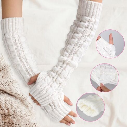 White Arm Warmers Long Fingerless Gloves Arm Warmers Cashmere Blended Arm Warmer Winter Long Fingerless Gloves Knit Mitten Gloves Arm Sleeves for Women with Thumb Hole in Saudi Arabia