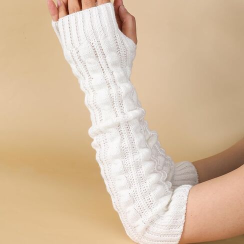 White Arm Warmers Long Fingerless Gloves Arm Warmers Cashmere Blended Arm Warmer Winter Long Fingerless Gloves Knit Mitten Gloves Arm Sleeves for Women with Thumb Hole in Saudi Arabia