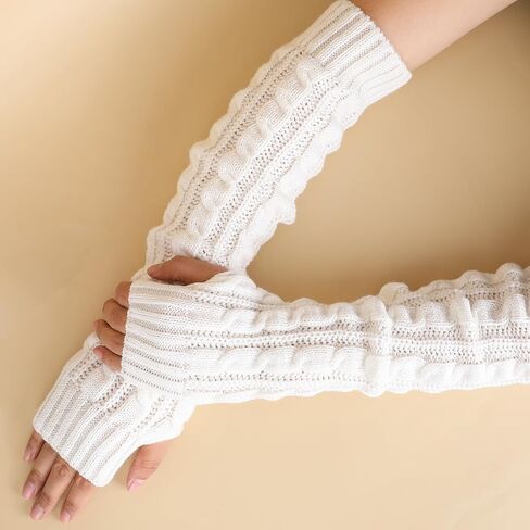 White Arm Warmers Long Fingerless Gloves Arm Warmers Cashmere Blended Arm Warmer Winter Long Fingerless Gloves Knit Mitten Gloves Arm Sleeves for Women with Thumb Hole in Saudi Arabia