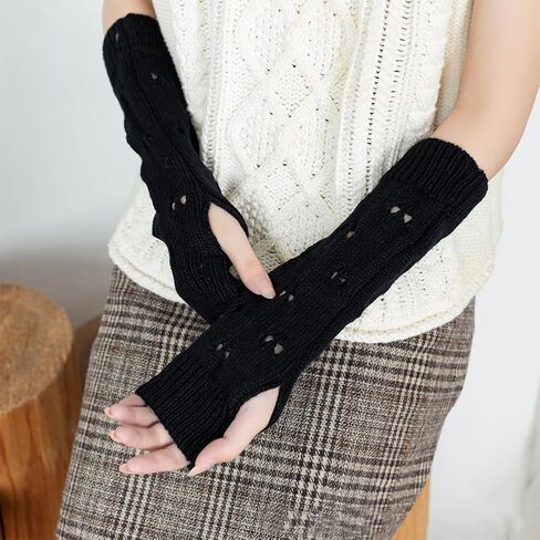 2 Pairs Black Grunge Gloves Fairy Crochet Fingerless Gloves Winter Soft Knit Thumb Hole Hand Arm Warmers Ripped Gloves Knitted Wrist Warmer Mittens for Women Unisex Typing Driving Supplies in Saudi Arabia