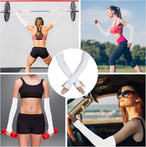 White Arm Sleeves Arm Sleeves with Thumb Holes Women Men UV Protection Cooling Arm Sleeves Women's Arm Warmers Long White Fingerless Gloves Compression Long Arm Cover in Saudi Arabia