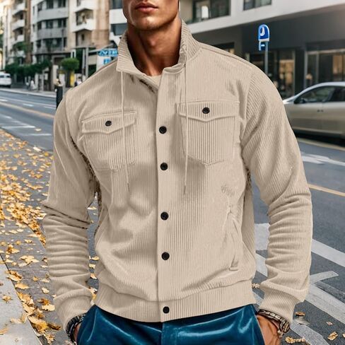 Mens Corduroy Shirt Jacket Casual Long Sleeve Button Down Shirts Lightweight Drawstring Shacket Overshirt with Pockets in Saudi Arabia