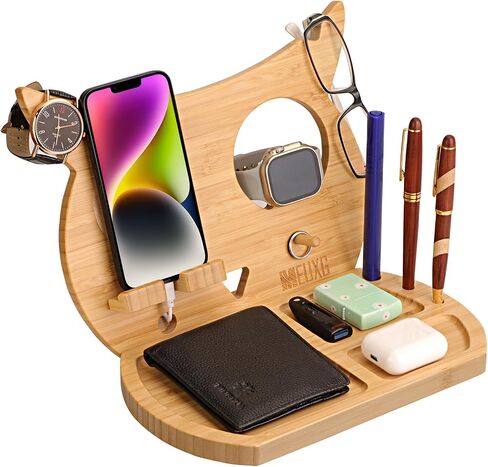 Wood Phone Docking Station, Wood Charging Station,Nightstand Organizer Bundle, Desktop Organizer,Catch All Tray,Dresser Organizer,Cell Phone Stand, Wallet Stand,Solid Bamboo Wood,Gift in Saudi Arabia