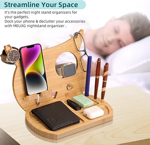 Wood Phone Docking Station, Wood Charging Station,Nightstand Organizer Bundle, Desktop Organizer,Catch All Tray,Dresser Organizer,Cell Phone Stand, Wallet Stand,Solid Bamboo Wood,Gift in Saudi Arabia